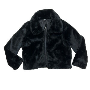 Express Crop Faux Fur Coat Jacket Women's Medium Black Collared Long Sleeve NWT
